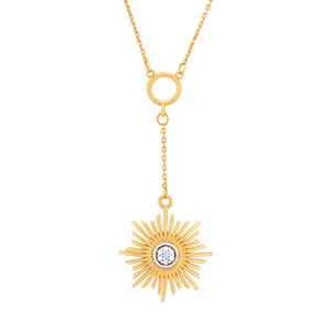 Introducing the 14K Gold Lab-Grown Diamond Glowing Sun Necklace from the Helios Collection by RundaJewelryUs. This exquisite necklace showcases a starburst pendant at its center, adorned with lab-grown diamonds and elegantly suspended from a circular link. Its delicate chain link ensures both an eye-catching appearance and hypoallergenic comfort for sensitive skin.