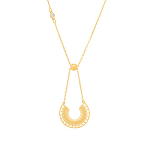 Introducing the Helios Collection: a timeless necklace crafted from 14K solid gold, featuring a symmetrical, semi-circular pendant with intricate cut-out details. The chain is adorned with a small round bead and a single lab-grown diamond accent on one side, offering both elegance and hypoallergenic comfort.