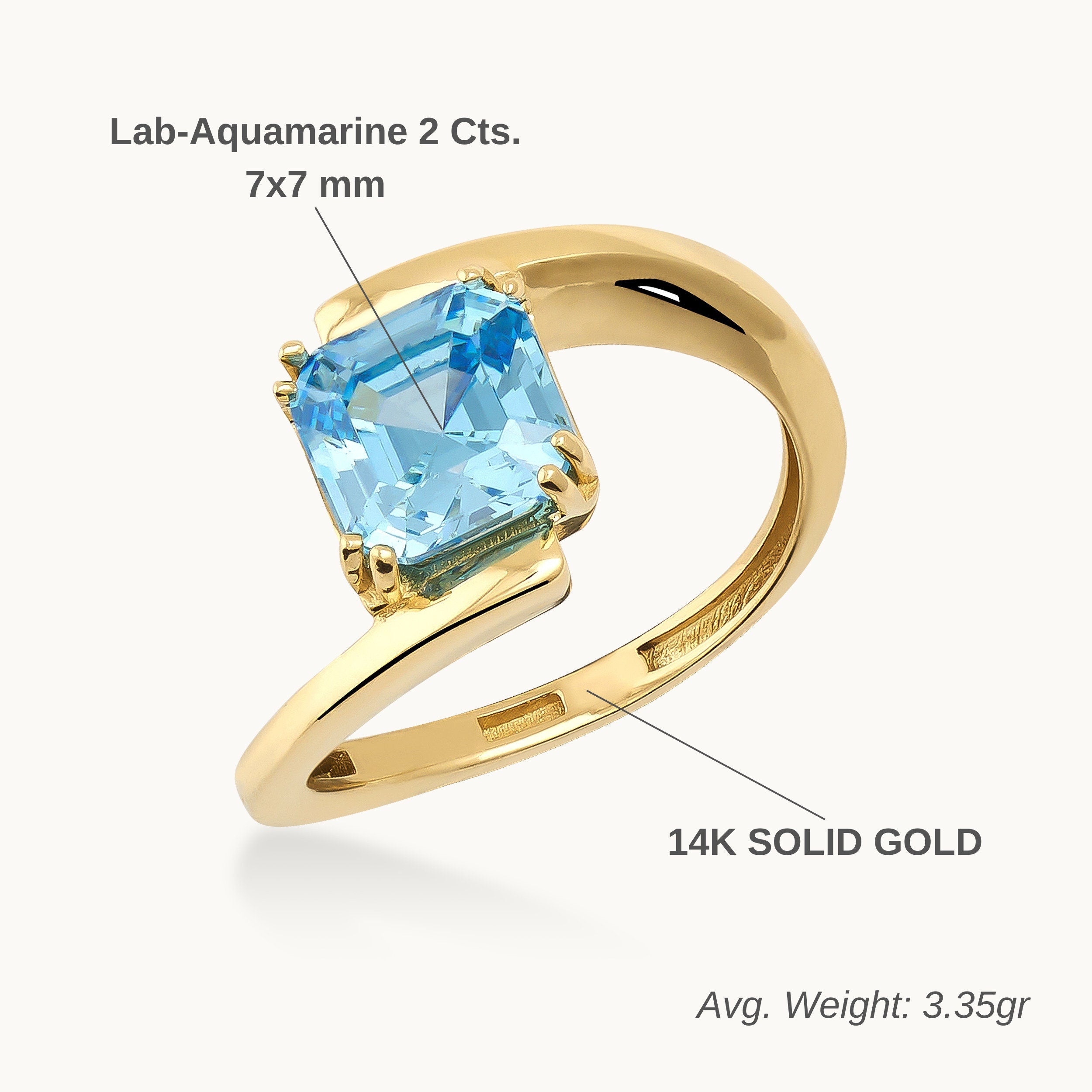 Anillo solitario de aguamarina con piedra natal de marzo en oro macizo de 14 quilates