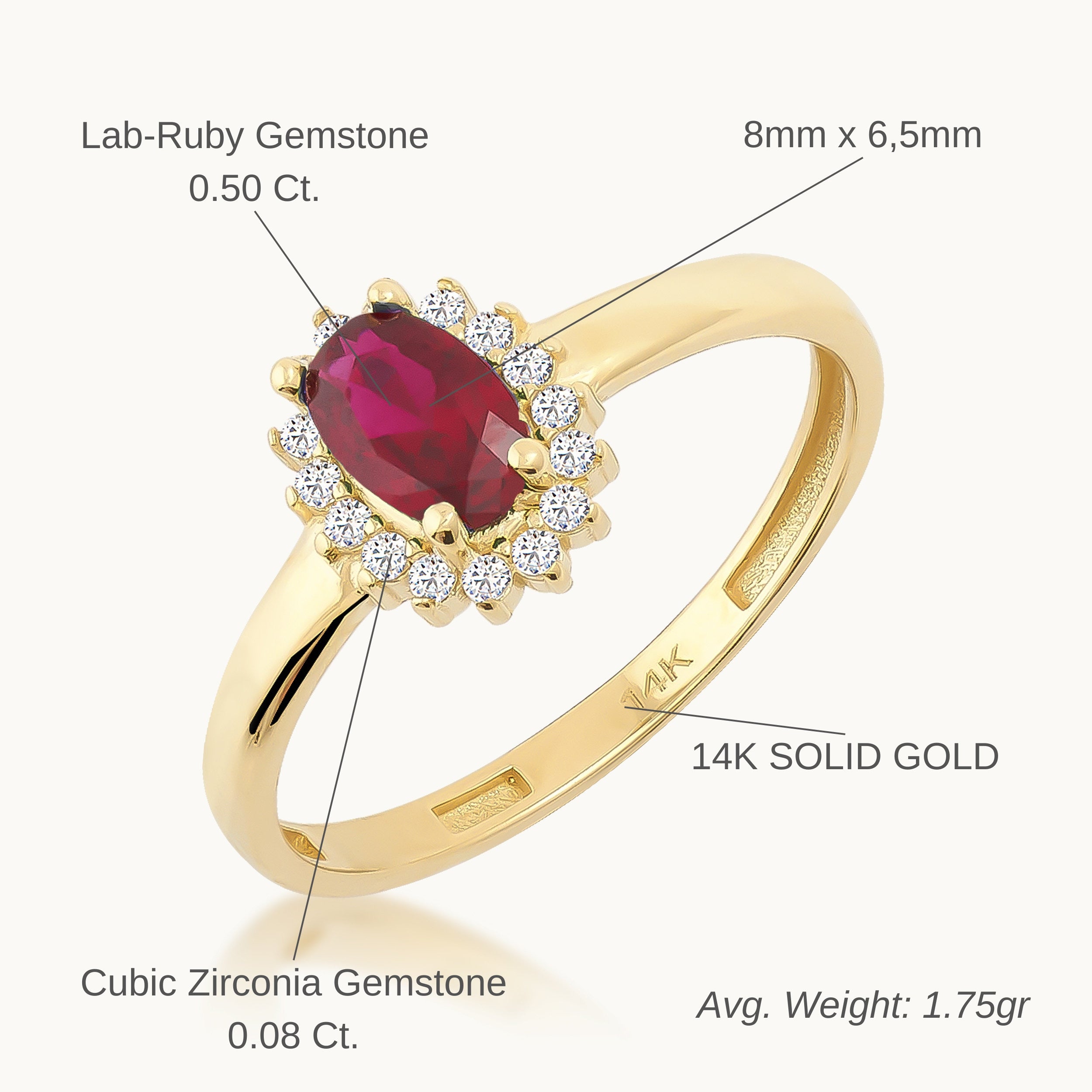 14K Solid Gold Ruby July Birthstone Ring