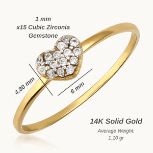 Introducing the 14K Solid Gold Heart Shaped Gemstone Ring, featuring a stunning heart-shaped design adorned with small, sparkling cubic zirconia gemstones on a pristine white backdrop.