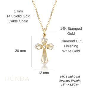 The 14K Solid Gold Tiny Cross Pendant Necklace features exquisite detailing and a central diamond-like stone, blending gold and silver tones for a captivating design. Ideal for religious occasions, it is elegantly showcased against a plain white background, exuding timeless sophistication.