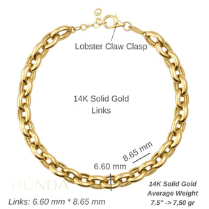 A 6.60 MM 14K solid gold thick Rolo Belcher chain bracelet featuring interlocking oval links and a lobster clasp, elegantly arranged in a closed circular shape against a white background.