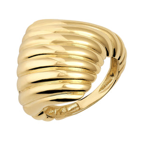 The 14K Solid Gold Chunky Dome Croissant Ring features a bold, ribbed design with multiple smooth, curved bands stacked atop one another for a textured and sculptural appearance. Crafted from solid gold, its polished interior and exterior elegantly catch the light.