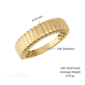 Featuring a bold vintage design, the 14K Solid Gold Dome Ribbed Ring showcases a textured exterior with a ribbed pattern. Part of the Charlotte Line collection, this ring includes a lattice-patterned interior and offers a shiny, polished finish that enhances its elegant and stylish appeal.