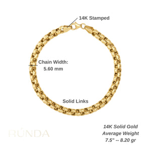 14K Solid Gold Round Oval Chain Bracelet for Men