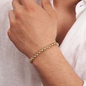 14K Solid Gold Round Oval Chain Bracelet for Men