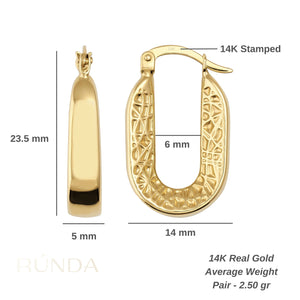 Displayed are two trendy 14K real gold hoop earrings featuring a chunky design. One earring showcases a smooth, solid side, while the other boasts an intricate texture. These elongated hoops are designed with a hinged closure at the top and are crafted to be hypoallergenic.