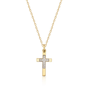 The 14K Solid Gold Tiny Minimal Zirconia Cross Necklace boasts a zirconia cross pendant, embellished with small, sparkling crystals at its center. The pendant dangles from a slender gold chain, imparting an elegant touch to this Christian faith gift. The white background accentuates the necklace's exquisite details.