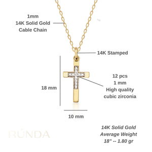 The 14K Solid Gold Tiny Minimal Zirconia Cross Necklace boasts a zirconia cross pendant, embellished with small, sparkling crystals at its center. The pendant dangles from a slender gold chain, imparting an elegant touch to this Christian faith gift. The white background accentuates the necklace's exquisite details.