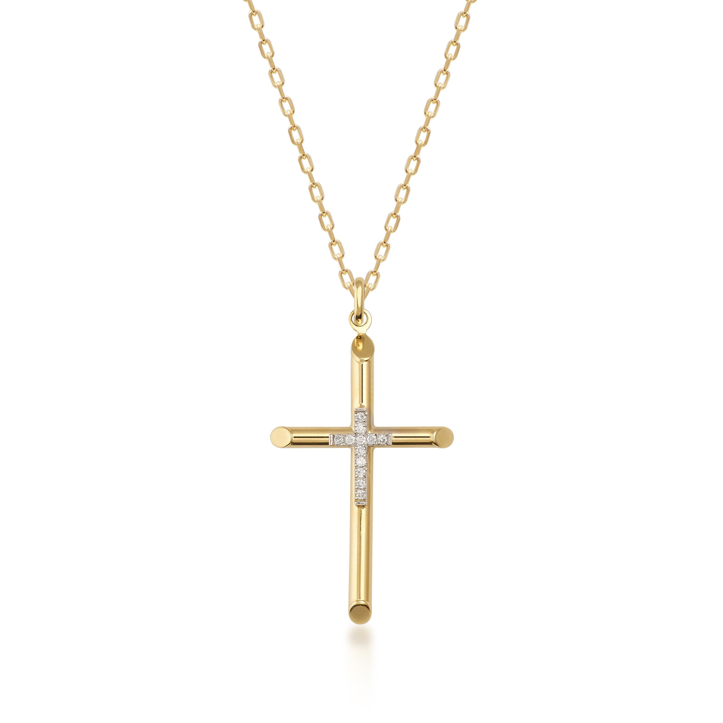 The 14K Real Gold Double Studded Cross Pendant Necklace CZ, featuring small diamonds at the intersection, hangs elegantly from a delicate chain. Ideal as a Christian faith gift, it is set against a white background to emphasize its exquisite craftsmanship.