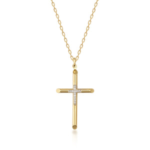 The 14K Real Gold Double Studded Cross Pendant Necklace CZ, featuring small diamonds at the intersection, hangs elegantly from a delicate chain. Ideal as a Christian faith gift, it is set against a white background to emphasize its exquisite craftsmanship.