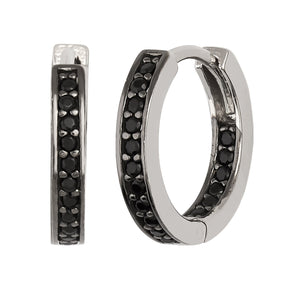 14K Solid White Gold Huggie Earrings for Men with Black Zirconia