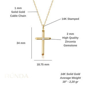 The 14K Real Gold Cross Pendant Necklace in medium size features a single diamond in the center on a delicate gold chain, beautifully set against a white background. Ideal for those cherishing their Christian faith, it also makes an exquisite baptism gift.