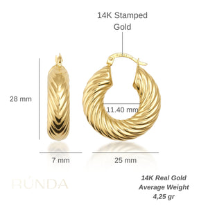 The two earrings on display are the 14K Real Hold Thick Twist Rope Hoops, showcasing a chunky design crafted from 14K gold. They feature a shiny finish with a clasp closure engraved with RUND A NIX, and are presented with one earring front-facing and the other side-facing.