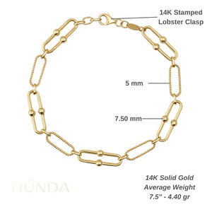 The 14K Real Solid Gold Paperclip Chain Bracelet features a beautiful design with alternating Italian paperclips and small round beads. Its rope-like textured links offer a chic and elegant look, all securely fastened with a lobster clasp.