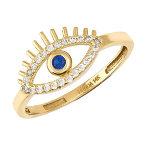 Introducing the 14K Solid Gold Evil Eye Ring Zirconia Sapphire Good Luck Ring, a captivating piece that showcases an eye design embellished with shimmering zirconia stones and a central blue sapphire. The eye shape is accentuated by ray-like eyelashes, with "KUNDA 14K" engraved inside the band, capturing the essence of the traditional Nazar Hamsa motif.