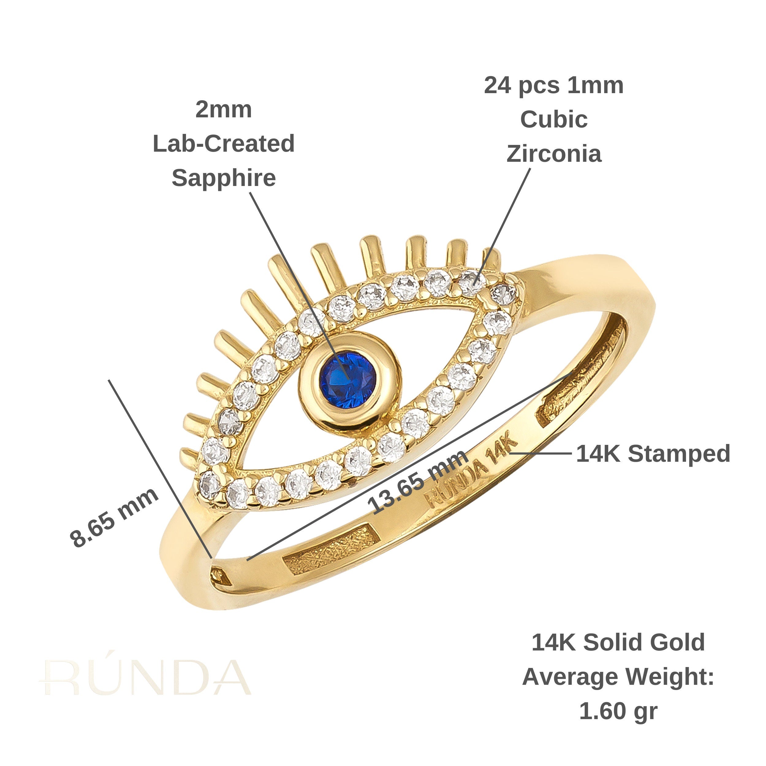 14K Solid Gold Evil Eye Ring Zirconia Sapphire Good Luck Ring