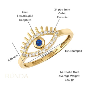 Introducing the 14K Solid Gold Evil Eye Ring Zirconia Sapphire Good Luck Ring, a captivating piece that showcases an eye design embellished with shimmering zirconia stones and a central blue sapphire. The eye shape is accentuated by ray-like eyelashes, with "KUNDA 14K" engraved inside the band, capturing the essence of the traditional Nazar Hamsa motif.