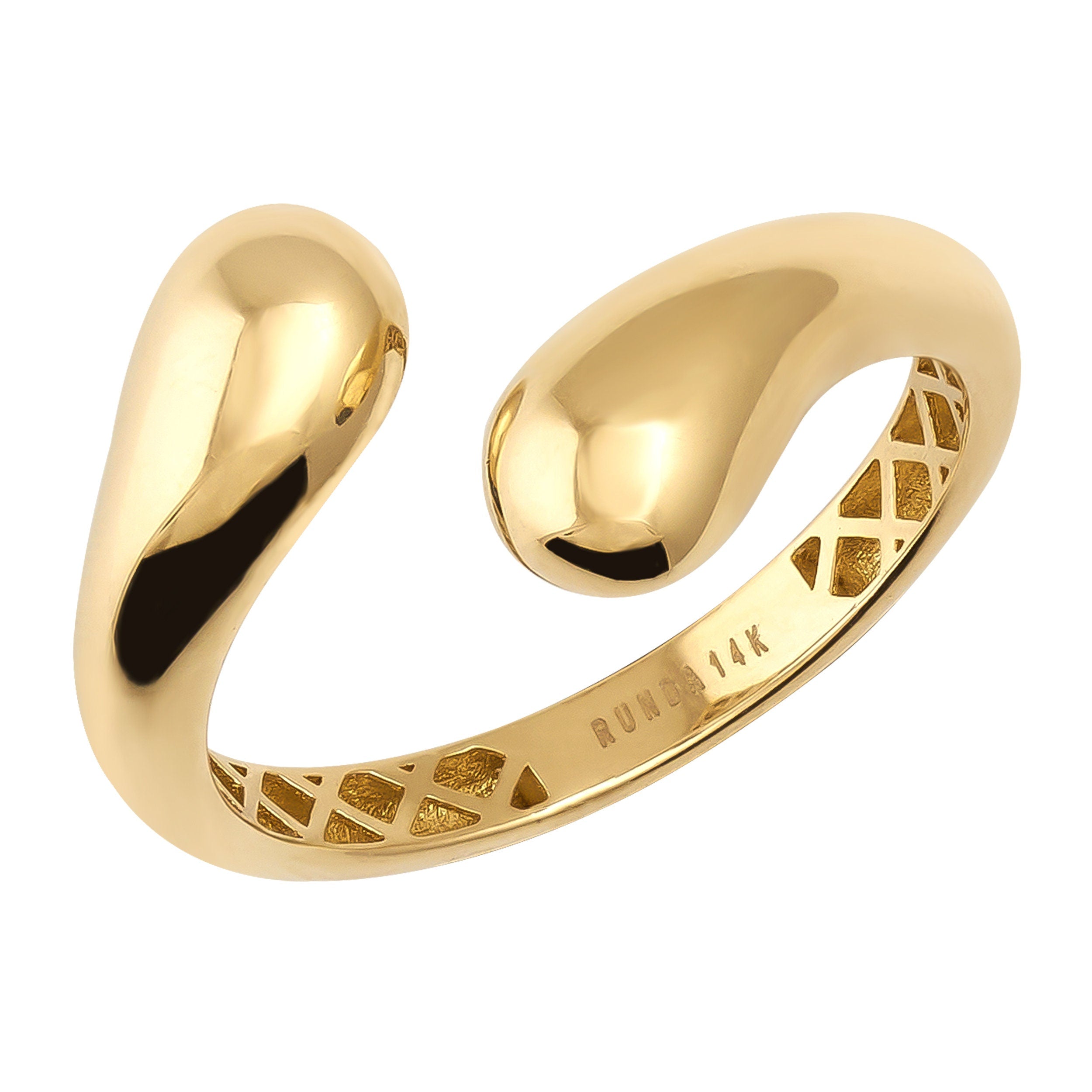 The 14K Solid Gold Dome Open Band is a sleek ring with smooth, rounded ends and an inner band adorned with a textured lattice pattern. Its polished finish enhances the modern design perfectly.