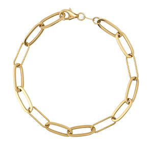 A stylish 14K gold paperclip chain bracelet featuring unique Italian paperclip-inspired elongated oval links, complete with a secure lobster clasp closure. The design skillfully combines large and small links for a modern aesthetic.