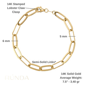 A gold chain necklace featuring large, elongated oval links and secured with a lobster clasp presents a design inspired by the 14K Gold Paperclip Chain Bracelet. It showcases an alternating pattern of thick solid links and thinner textured ones, creating a harmonious aesthetic. The necklace is displayed in a circular arrangement on a plain white background.