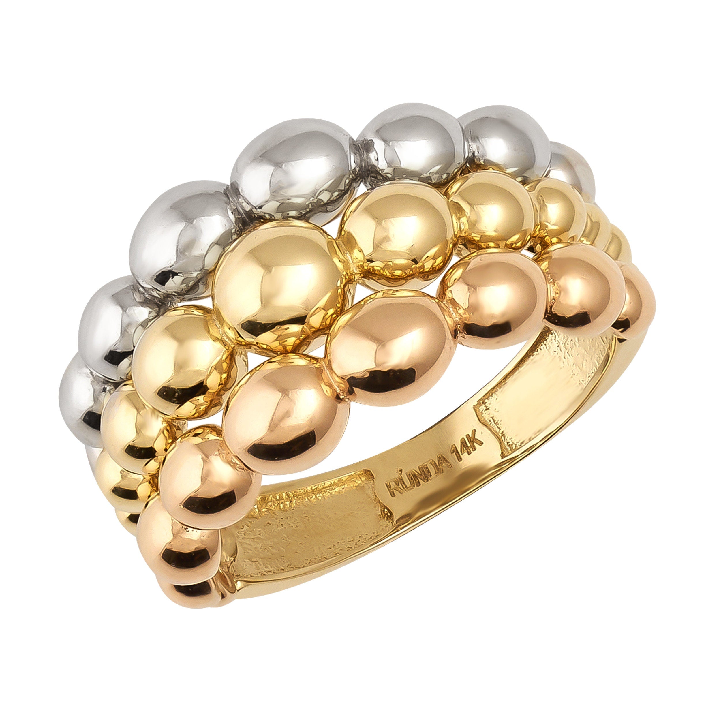 The 14K Solid Gold Chunky Tri-Color Bubble Ring is a statement wedding band featuring chunky bands of silver, gold, and rose gold. Its modern rounded design includes an engraved 14K mark on the gold band.