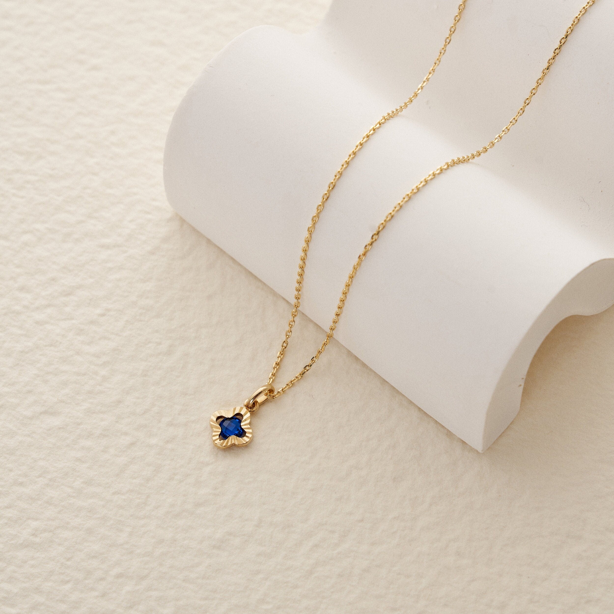 14K Solid Gold Clover Sapphire Necklace