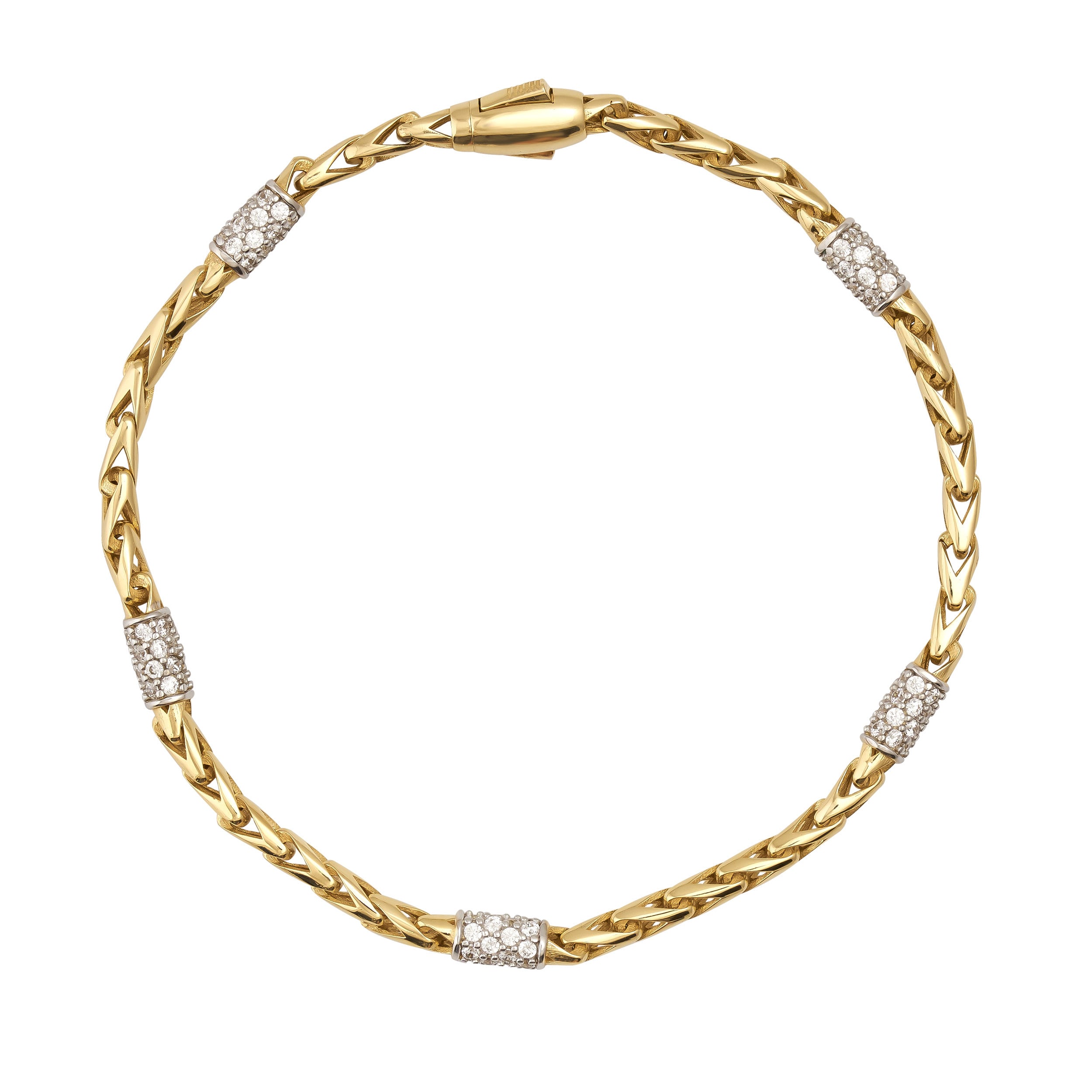 14K Solid Gold Wheat Palm Foxtail Link Bracelet CZ