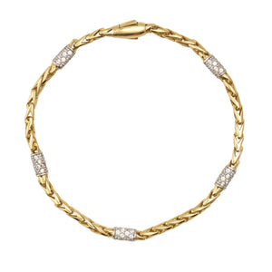 This handcrafted jewelry piece, named the 14K Solid Gold Wheat Palm Foxtail Link Bracelet CZ, showcases a twisted chain design in solid 14K gold and features four evenly spaced sections adorned with small, sparkling gemstones. The bracelet exudes a sleek and elegant appearance.