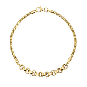 A 14K solid gold bracelet combining thick round box and rolo belcher links, featuring a lobster claw clasp. This stunning piece showcases a sleek, polished appearance, making it a versatile unisex accessory.