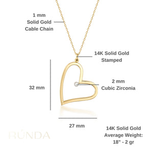 Introducing the 14K Solid Gold Large Open Heart Shaped Pendant Necklace, featuring a heart-shaped pendant adorned with a small diamond on one side. The elegant, slightly tilted heart hangs gracefully from a fine chain, making it an ideal gift for your girlfriend. It is beautifully showcased against a plain white background.