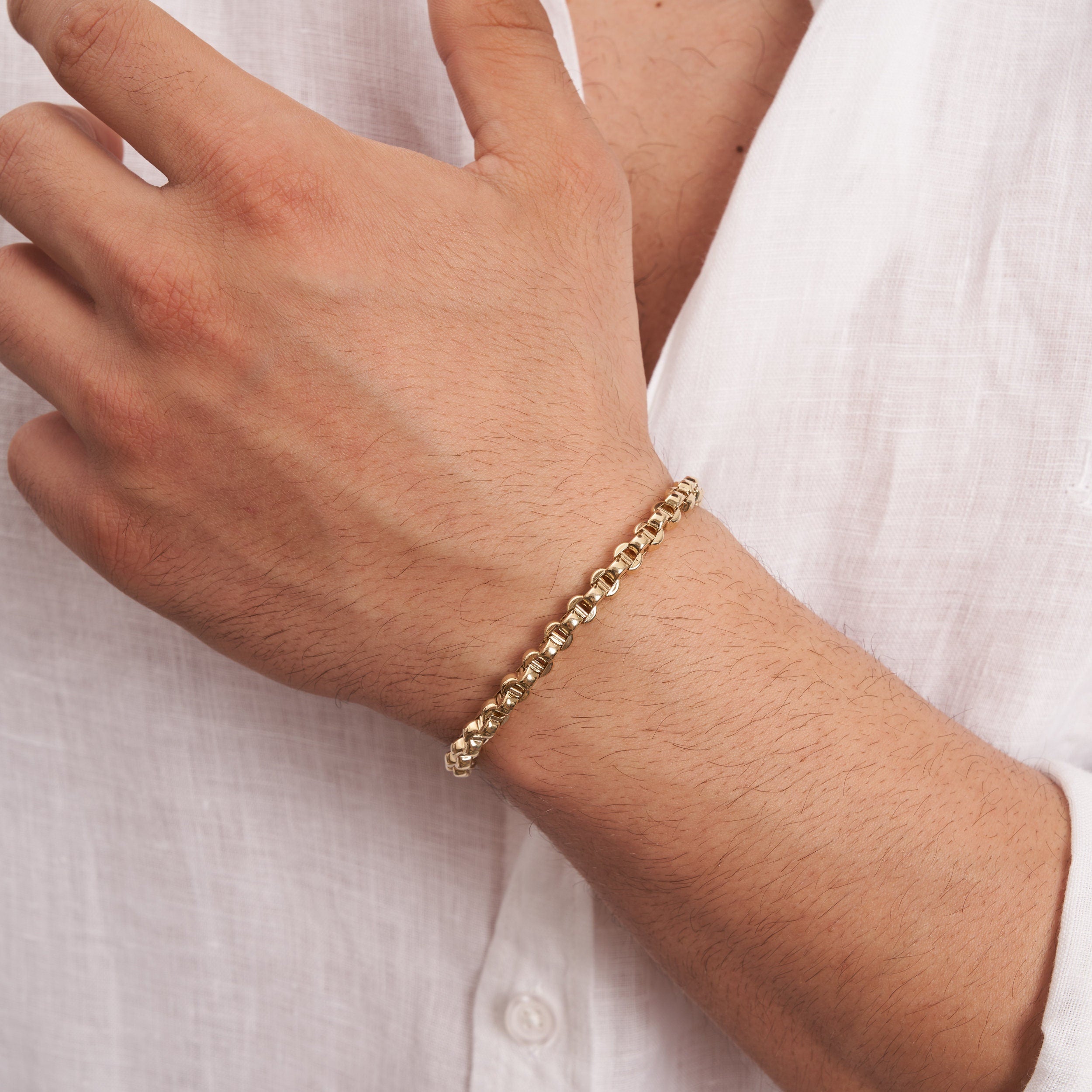 14K Solid Gold Round Oval Chain Bracelet for Men