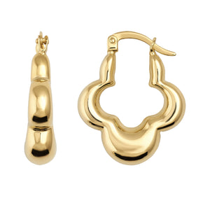 Two gold hoop earrings are on display. The first features a chunky design crafted from 14K real gold, while the second highlights a cloud-like decorative pattern. Both variations of the 14K Real Gold Thick 3 Leaf Clover Hoop Earrings gleam beautifully and come with a secure latch-back closure.