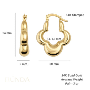 Two gold hoop earrings are on display. The first features a chunky design crafted from 14K real gold, while the second highlights a cloud-like decorative pattern. Both variations of the 14K Real Gold Thick 3 Leaf Clover Hoop Earrings gleam beautifully and come with a secure latch-back closure.