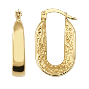 Displayed are two trendy 14K real gold hoop earrings featuring a chunky design. One earring showcases a smooth, solid side, while the other boasts an intricate texture. These elongated hoops are designed with a hinged closure at the top and are crafted to be hypoallergenic.