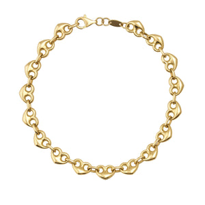 The 14K Real Gold Heart Shaped Mariner Bracelet beautifully showcases a series of linked heart-shaped elements, connected by smaller circular links that echo an anchor link chain design. Its elegant glisten stands out against a white background.