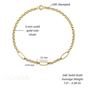 Introducing the 14K Real Solid Gold Paperclip Rolo Chain Bracelet, showcasing a sophisticated blend of small interlocking chains and larger oval links. The bracelet is secured with a lobster clasp closure, offering a chic and elegant design reminiscent of Italian paperclips for a modern and fashionable appearance.