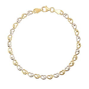 A dainty 14K Real Gold Heart Shaped Link Chain Bracelet showcases interlocking hearts in alternating gold and silver tones, secured with a gold clasp. This elegant design is ideal for those who appreciate delicate jewelry.