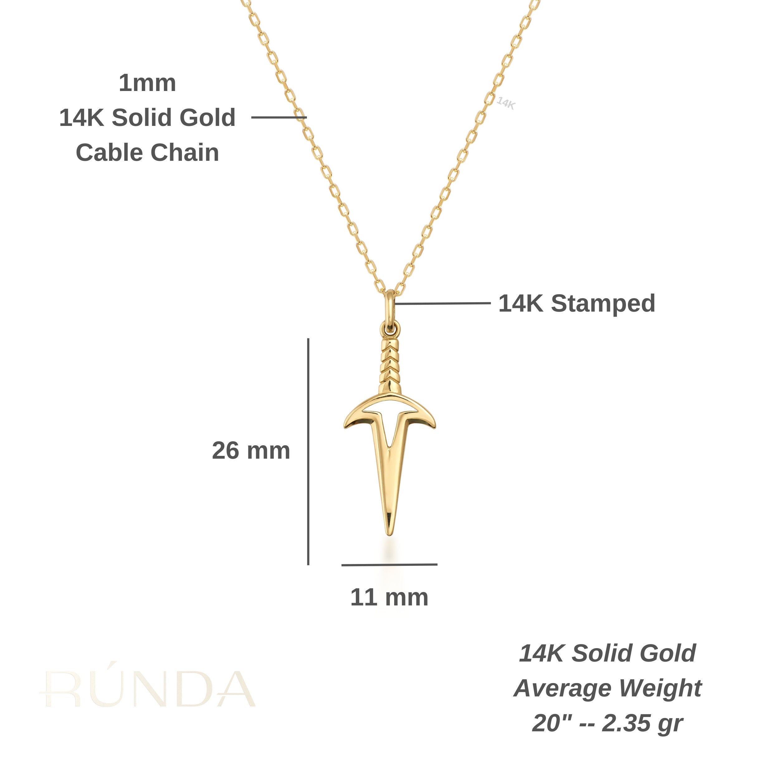 14K Solid Gold Knife - Dagger Pendant Necklace for Men