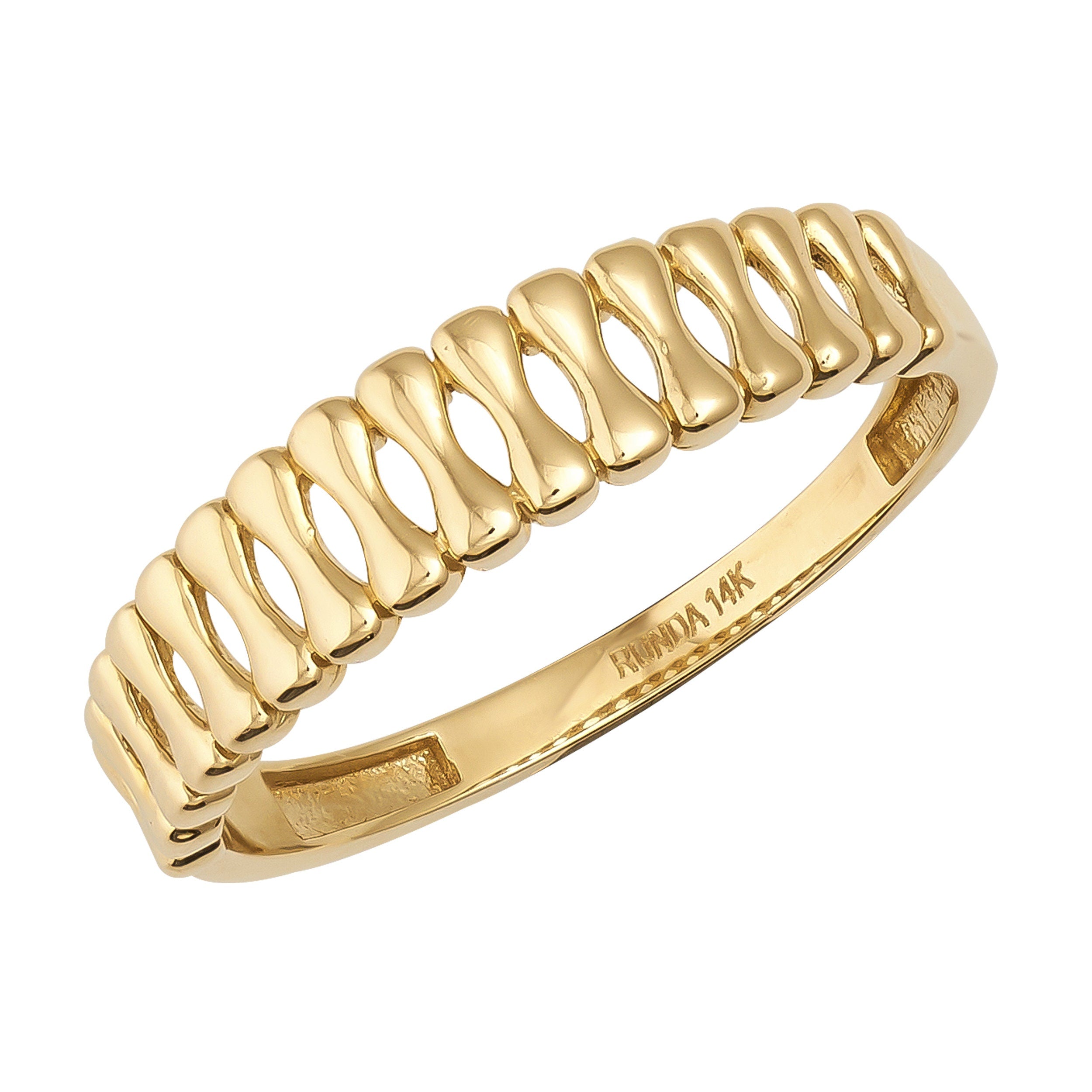 This 14K Solid Gold Unique Statement Ring features a distinctive textured design with interlocking, twisted loops. The band is engraved with "14K" and "INDIA," showcasing its exceptional craftsmanship as part of our handmade jewelry collection.