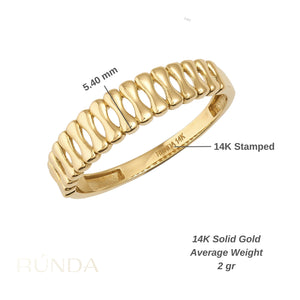 This 14K Solid Gold Unique Statement Ring features a distinctive textured design with interlocking, twisted loops. The band is engraved with "14K" and "INDIA," showcasing its exceptional craftsmanship as part of our handmade jewelry collection.