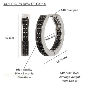 14K Solid White Gold Huggie Earrings for Men with Black Zirconia