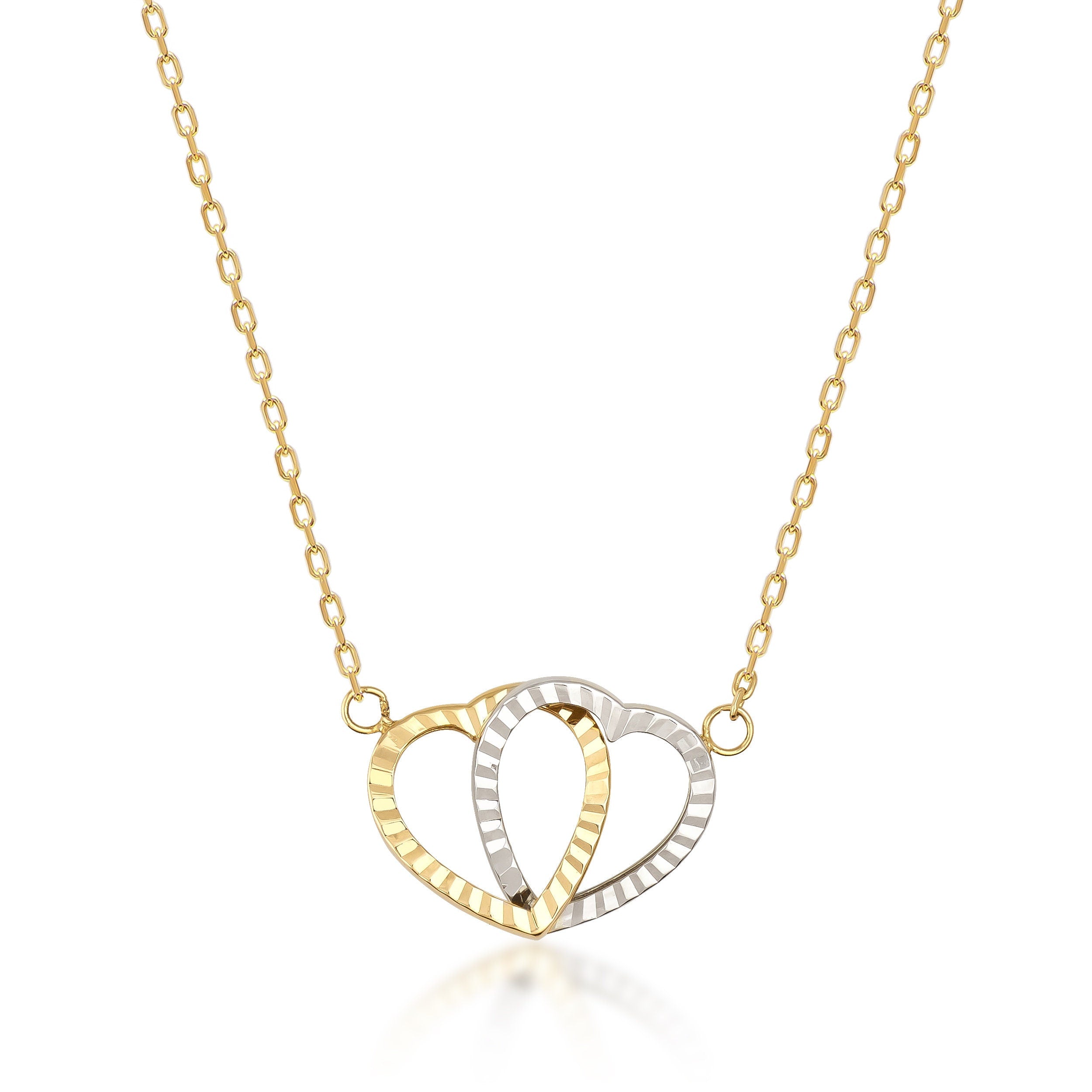 Presenting the exquisite 14K Solid Gold Interlocking Hearts Necklace, featuring two interwoven heart pendants—one crafted in gold and the other in silver—beautifully showcased against a simple white background. This necklace is an ideal couple's gift, representing unity and love.