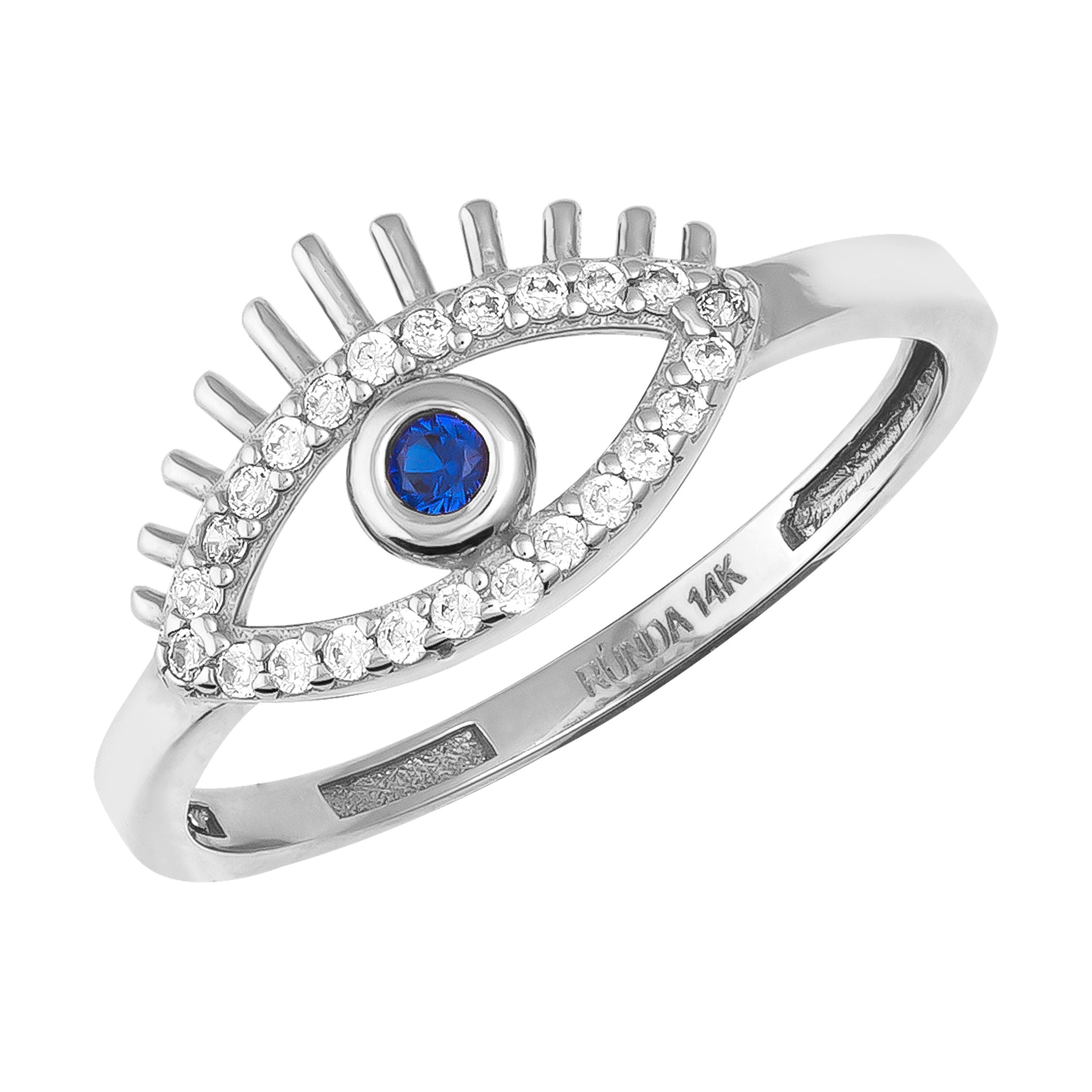 14K Solid Gold Evil Eye Ring Zirconia Sapphire Good Luck Ring