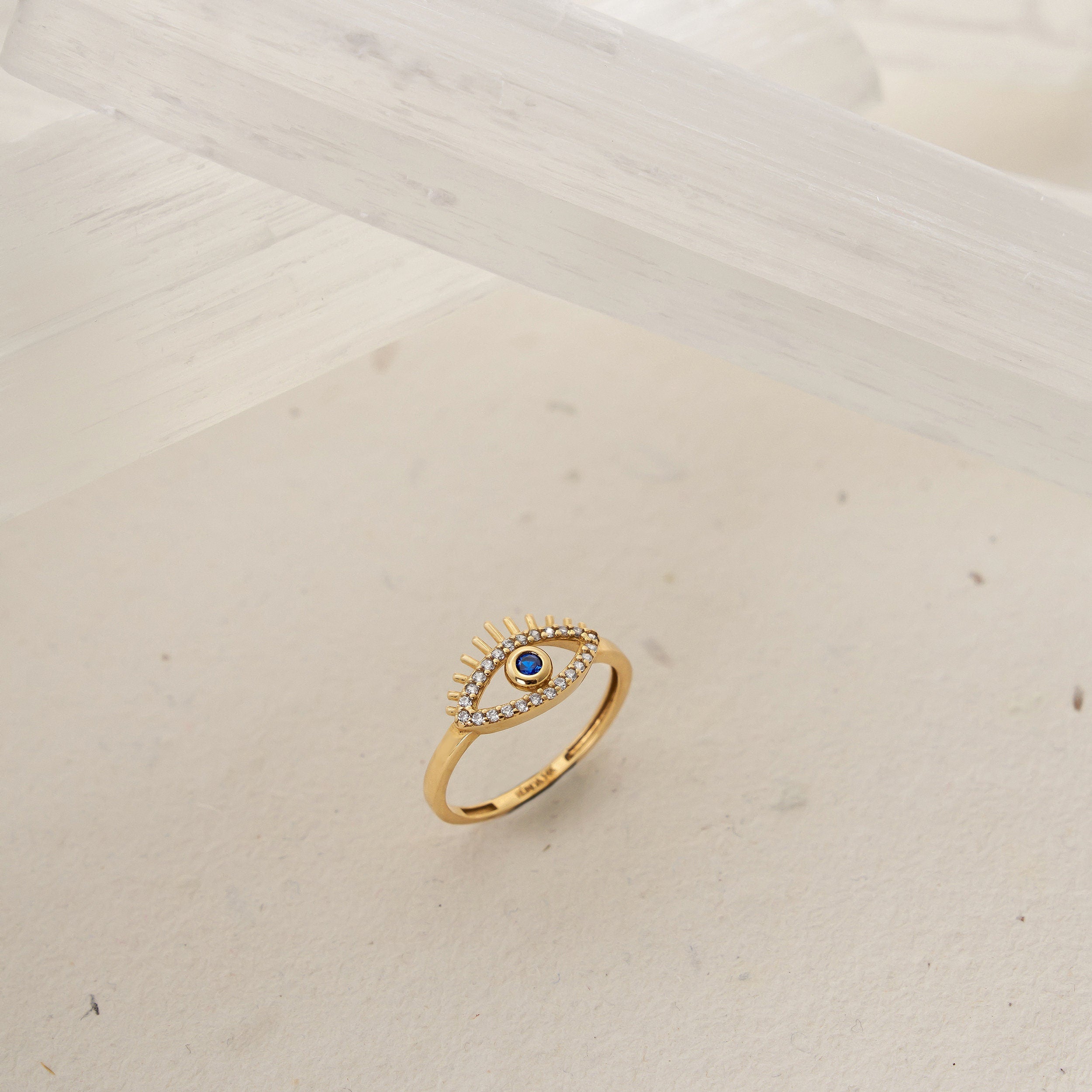 14K Solid Gold Evil Eye Ring Zirconia Sapphire Good Luck Ring