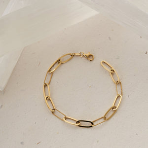 A gold chain necklace featuring large, elongated oval links and secured with a lobster clasp presents a design inspired by the 14K Gold Paperclip Chain Bracelet. It showcases an alternating pattern of thick solid links and thinner textured ones, creating a harmonious aesthetic. The necklace is displayed in a circular arrangement on a plain white background.