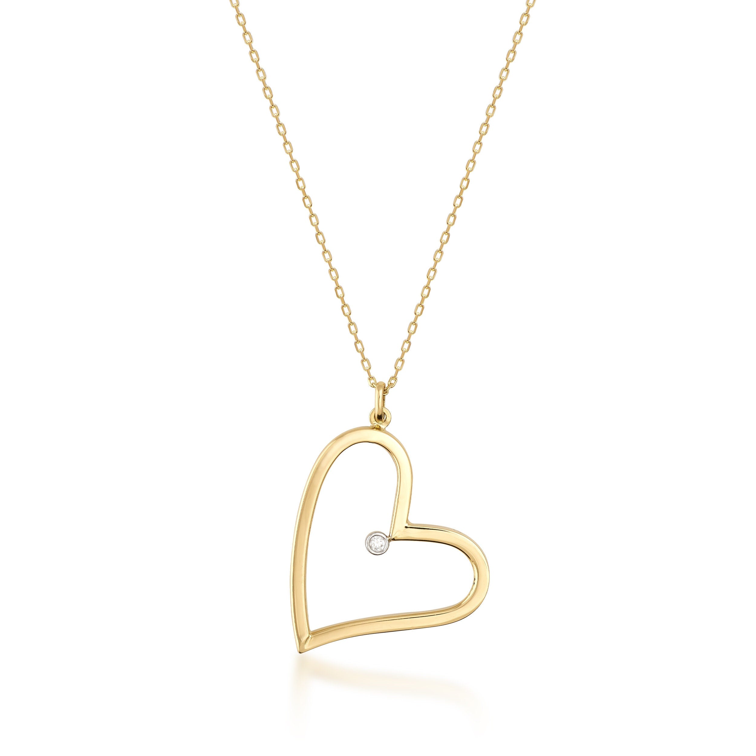 Introducing the 14K Solid Gold Large Open Heart Shaped Pendant Necklace, featuring a heart-shaped pendant adorned with a small diamond on one side. The elegant, slightly tilted heart hangs gracefully from a fine chain, making it an ideal gift for your girlfriend. It is beautifully showcased against a plain white background.