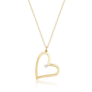 Introducing the 14K Solid Gold Large Open Heart Shaped Pendant Necklace, featuring a heart-shaped pendant adorned with a small diamond on one side. The elegant, slightly tilted heart hangs gracefully from a fine chain, making it an ideal gift for your girlfriend. It is beautifully showcased against a plain white background.