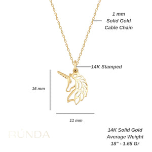 The 14K Solid Real Gold Unicorn Charm Pendant Necklace is a whimsical jewelry piece that features a delicate chain and a pendant intricately shaped like the silhouette of a unicorn's head, complete with an exquisite mane and horn.